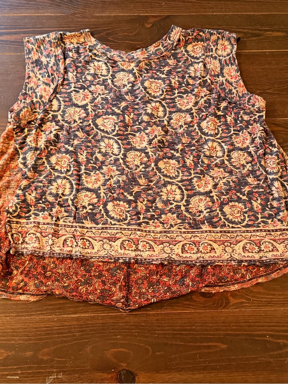 NWOT Free People Navy Floral Paisley Muscle Tee with Rust Accents